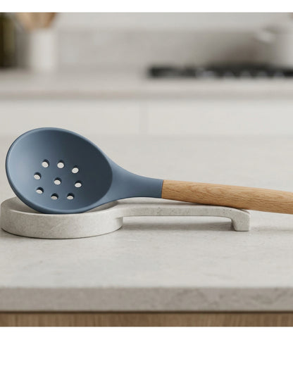 Heoub Wood-Handle Silicone Perforated Scoop 32 cm Slate Blue - Lifestyle view
